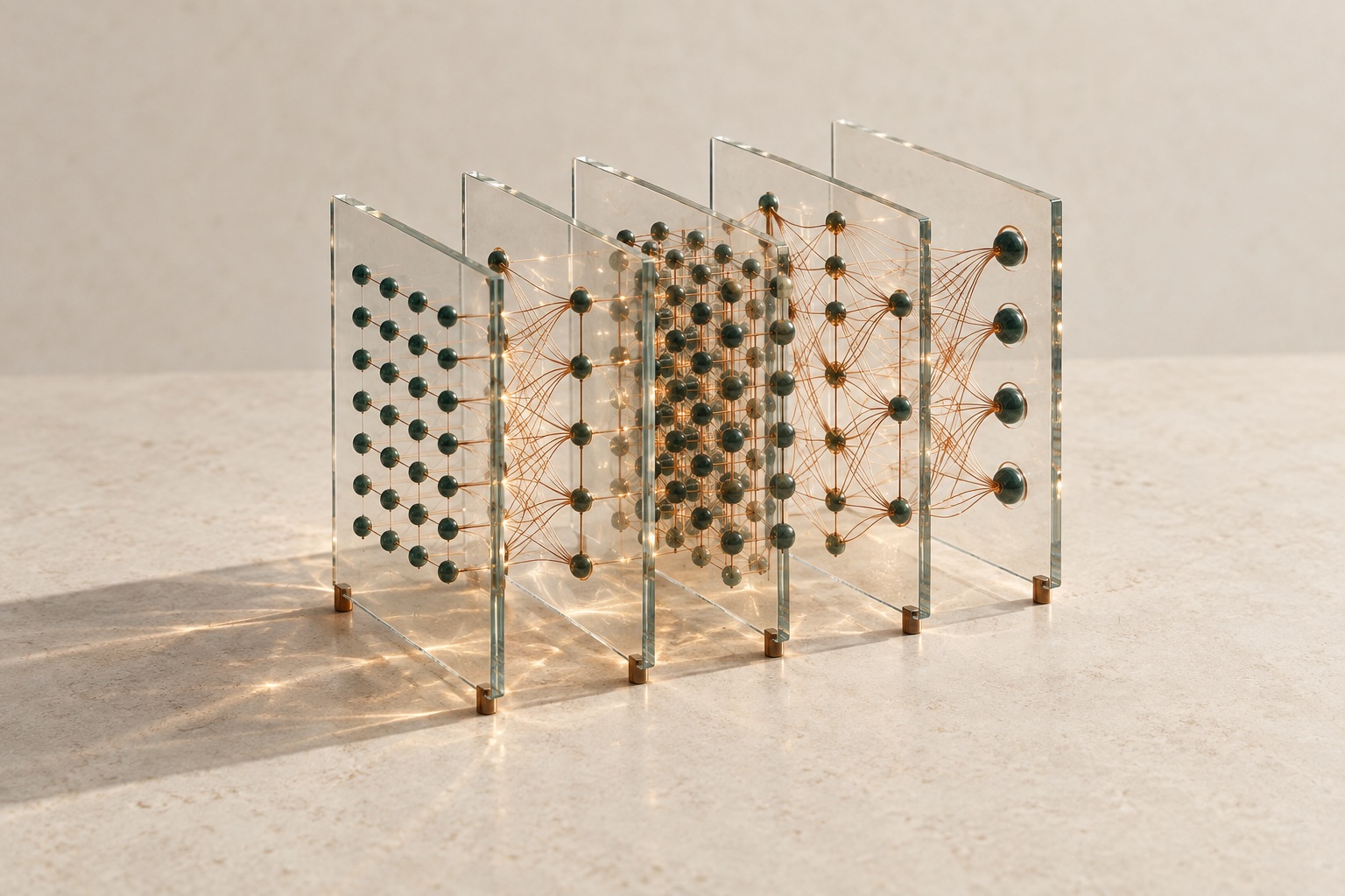 Geschichtete Glasflächen mit feinen Verbindungen als abstraktes Modell einer KI-Architektur
