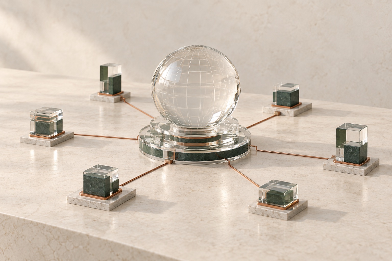 Gläserner Globus mit verbundenen Modulen als abstraktes Modell eines weltweiten Cloud-IoT-Netzwerks